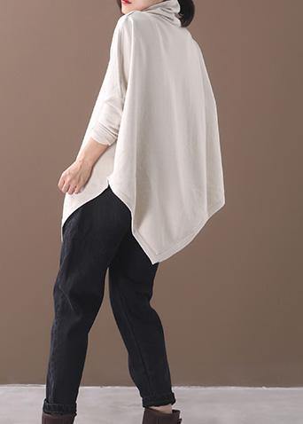 Diy Asymmetric Hem Cotton High Neck Blouses for Fabrics Beige White Tops