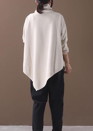 Diy Asymmetric Hem Cotton High Neck Blouses for Fabrics Beige White Tops