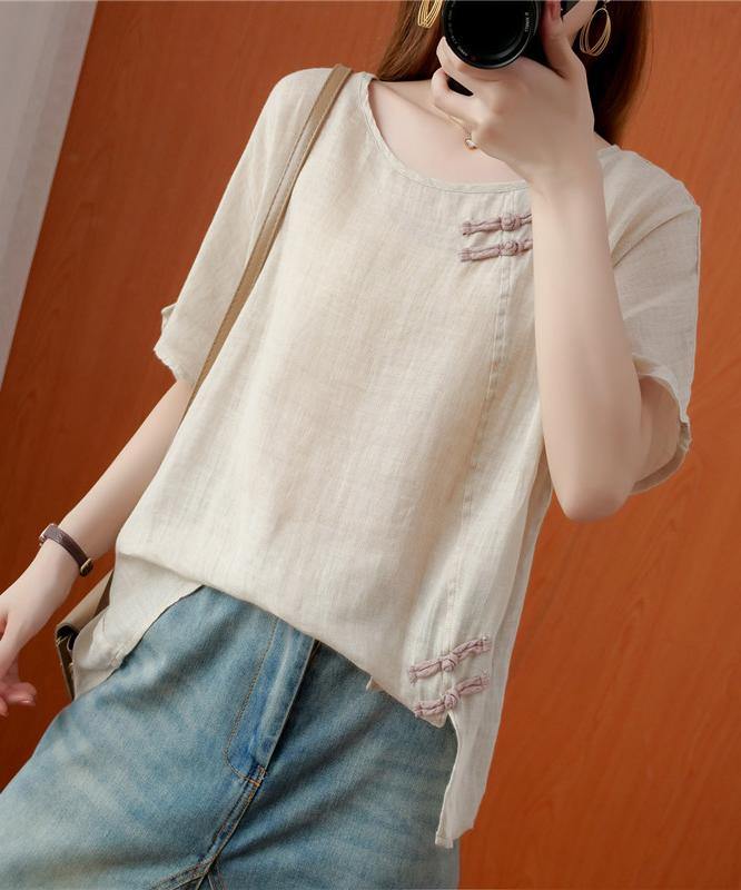 Diy Beige Blouses for O Neck Chinese Button Blouses