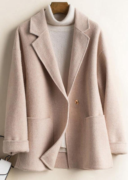 Diy Beige Plaid Tunics for Work Outfits Notched Pockets Woolen Coats