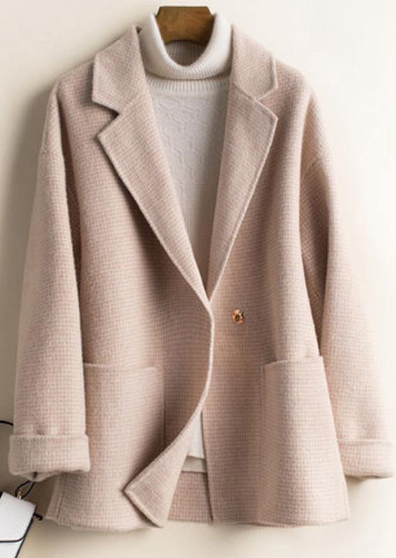 Diy Beige Plaid Tunics for Work Outfits Notched Pockets Woolen Coats