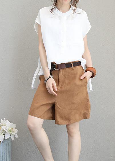 Diy Beige White Linen Shirts Short Sleeve Baggy Low High Design Tops