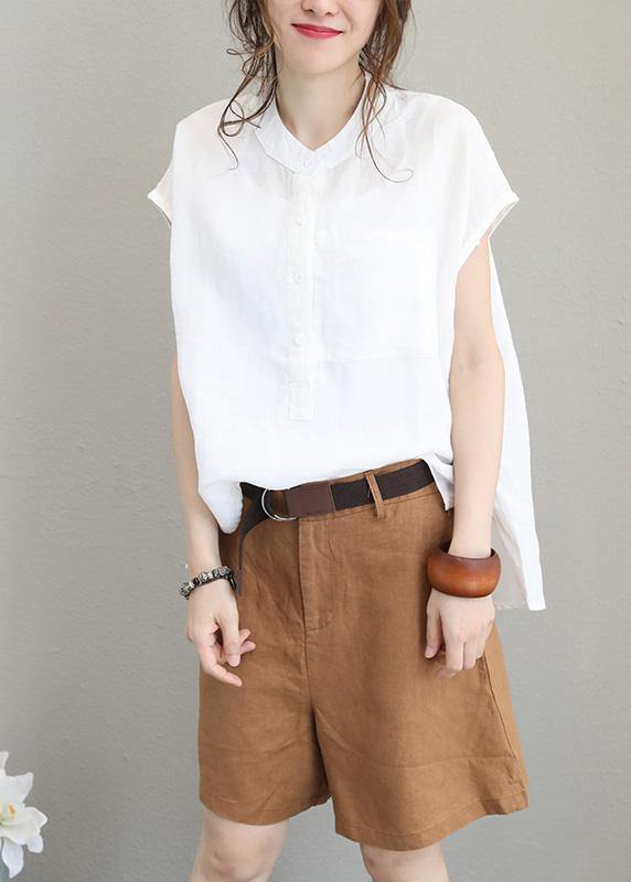 Diy Beige White Linen Shirts Short Sleeve Baggy Low High Design Tops