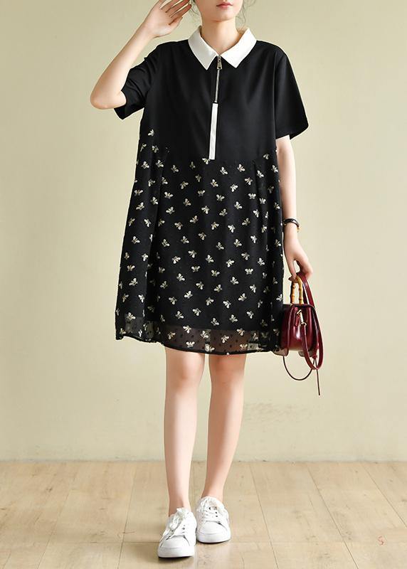 Diy Black Bee Print Lapel Patchwork Short Summer Dress