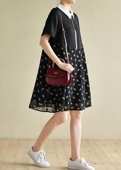 Diy Black Bee Print Lapel Patchwork Short Summer Dress