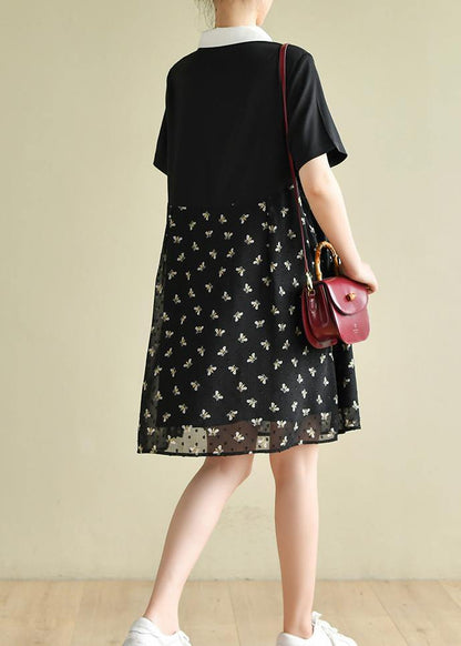 Diy Black Bee Print Lapel Patchwork Short Summer Dress