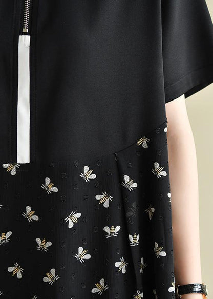 Diy Black Bee Print Lapel Patchwork Short Summer Dress