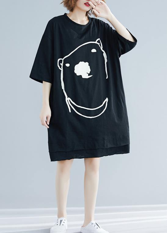 Diy Black Cartoon Print Cotton Tunics O Neck Art Summer Dress