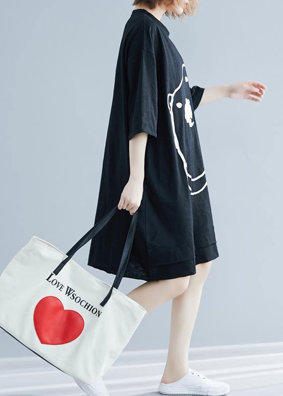 Diy Black Cartoon Print Cotton Tunics O Neck Art Summer Dress