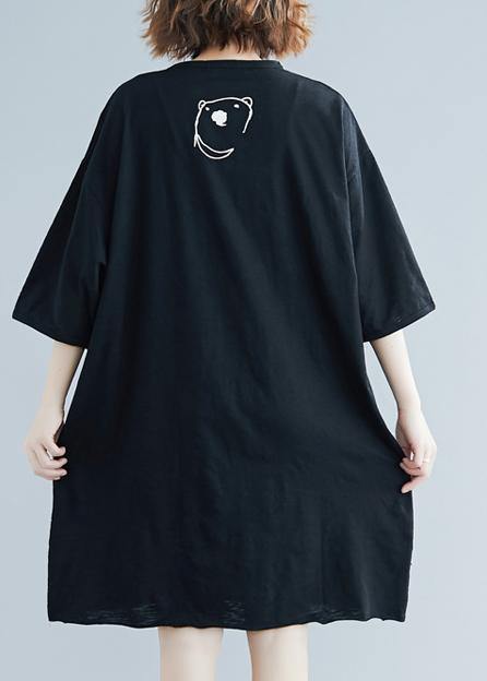 Diy Black Cartoon Print Cotton Tunics O Neck Art Summer Dress