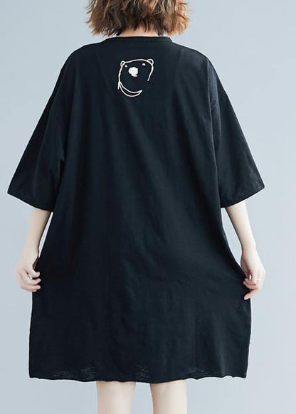 Diy Black Cartoon Print Cotton Tunics O Neck Art Summer Dress