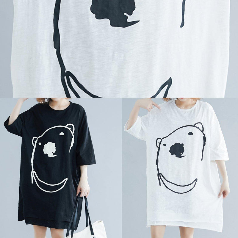 Diy Black Cartoon Print Cotton Tunics O Neck Art Summer Dress