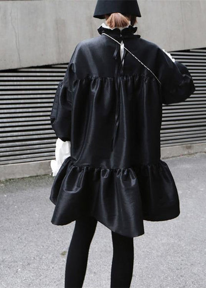 Diy Black Cotton Tunics Lantern Sleeve Elastic Waist Dress