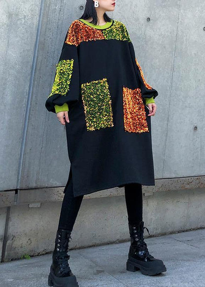 Diy Black Sequined Decorated Cotton Dresses Patchwork Long Winter Dresses