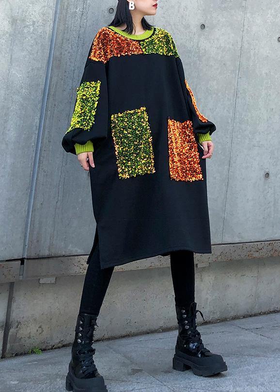 Diy Black Sequined Decorated Cotton Dresses Patchwork Long Winter Dresses