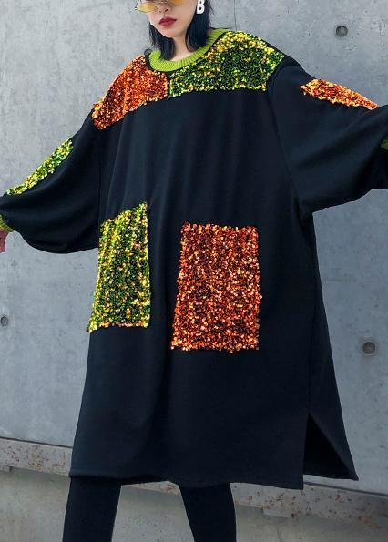 Diy Black Sequined Decorated Cotton Dresses Patchwork Long Winter Dresses