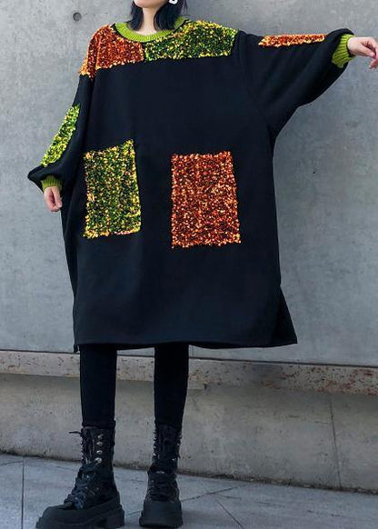 Diy Black Sequined Decorated Cotton Dresses Patchwork Long Winter Dresses