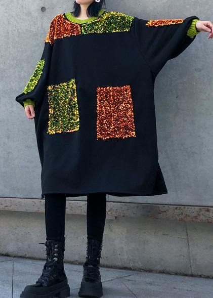 Diy Black Sequined Decorated Cotton Dresses Patchwork Long Winter Dresses