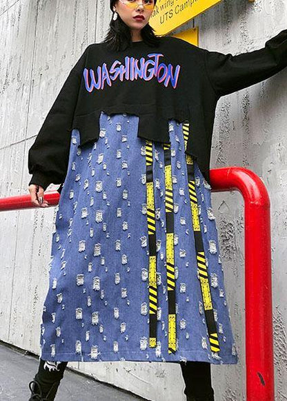 Diy Black Alphabet Cotton Tunic O Neck Patchwork Kaftan Dresses