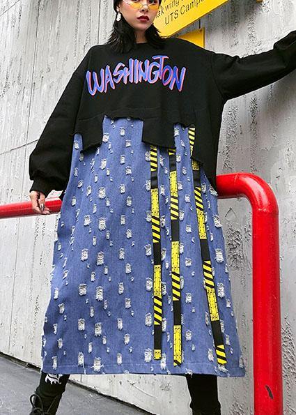 Diy Black Alphabet Cotton Tunic O Neck Patchwork Kaftan Dresses