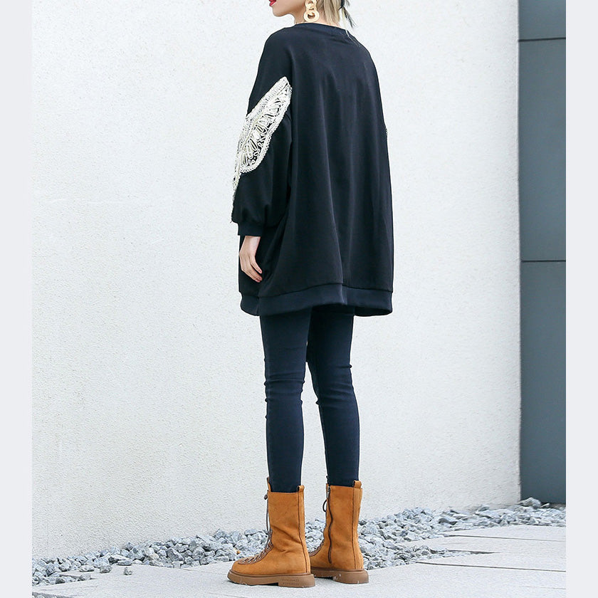 DIY black cotton Tunic Fine Inspiration o neck embroidery Plus Size Clothing shirt