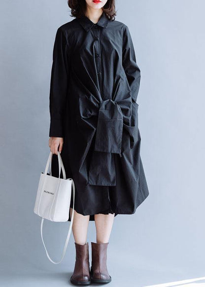 Diy Black Cotton Clothes for Lapel Asymmetric Long Fall Dress