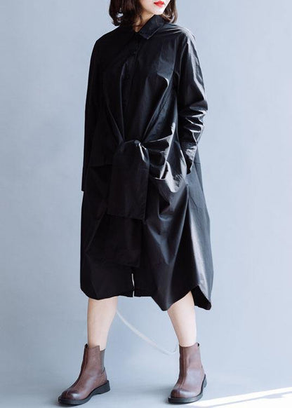Diy Black Cotton Clothes for Lapel Asymmetric Long Fall Dress
