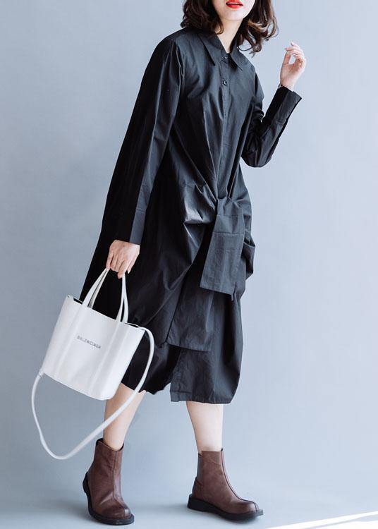 Diy Black Cotton Clothes for Lapel Asymmetric Long Fall Dress