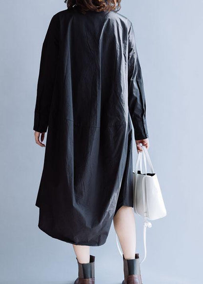 Diy Black Cotton Clothes for Lapel Asymmetric Long Fall Dress