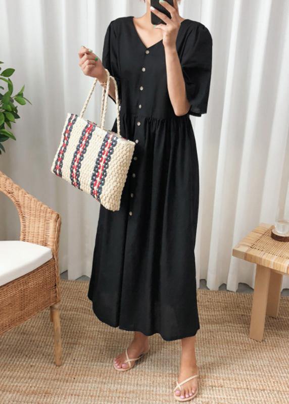 Diy Black Cotton Linen Long Shirts V Neck Flare Sleeve Art Summer Dresses
