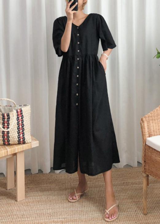 Diy Black Cotton Linen Long Shirts V Neck Flare Sleeve Art Summer Dresses