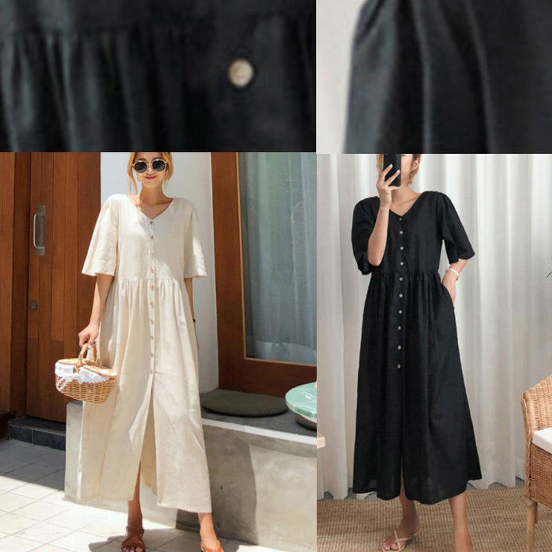 Diy Black Cotton Linen Long Shirts V Neck Flare Sleeve Art Summer Dresses