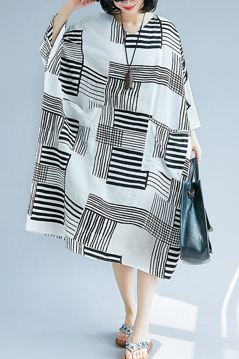 Diy Black Cotton Linen Clothes Korea Design O Neck Pockets Knee Summer Dresses