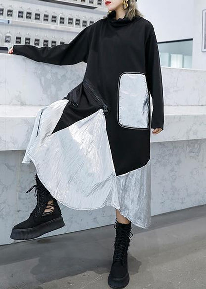 Diy Black Cotton Quilting Clothes Patchwork High Neck Maxi Dress