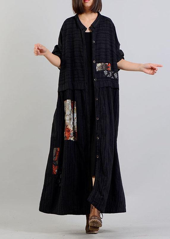Diy Black Linen Cotton Coat Patchwork Cinched Cotton Robes Fall Coat
