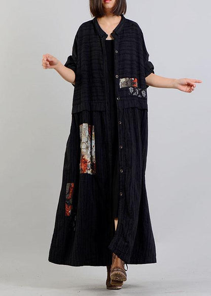 Diy Black Linen Cotton Coat Patchwork Cinched Cotton Robes Fall Coat