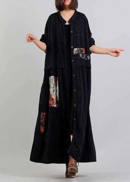 Diy Black Linen Cotton Coat Patchwork Cinched Cotton Robes Fall Coat