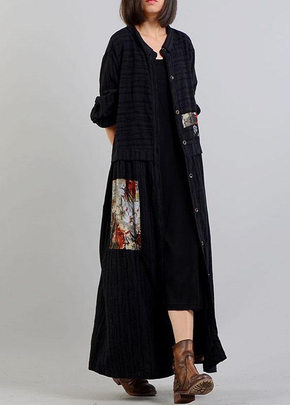 Diy Black Linen Cotton Coat Patchwork Cinched Cotton Robes Fall Coat