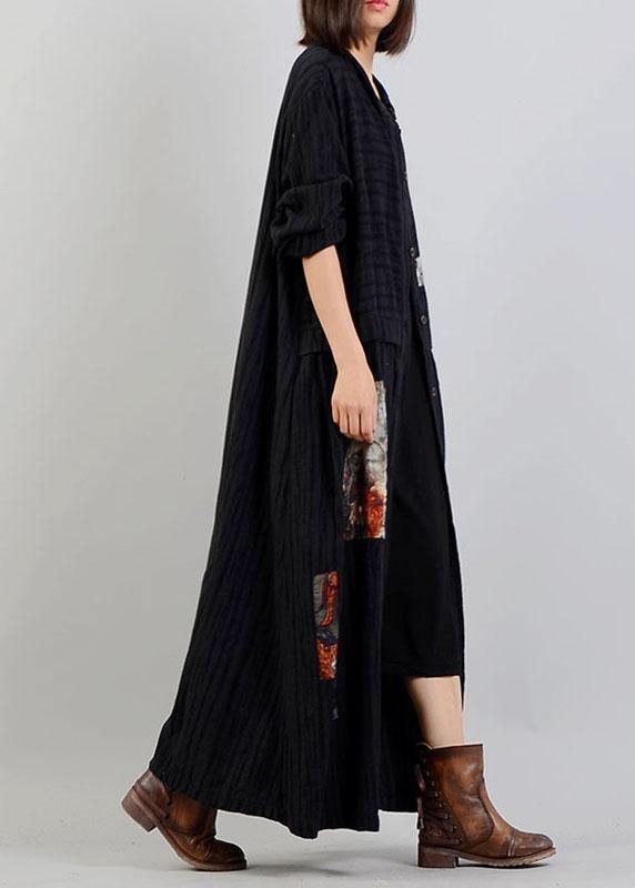 Diy Black Linen Cotton Coat Patchwork Cinched Cotton Robes Fall Coat