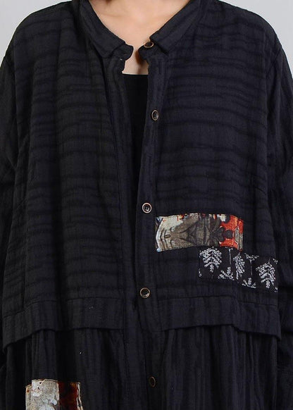 Diy Black Linen Cotton Coat Patchwork Cinched Cotton Robes Fall Coat
