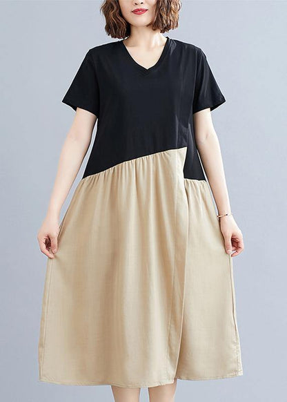 Diy Black Patchwork Khaki Cotton Clothes for O Neck a Line Dresses