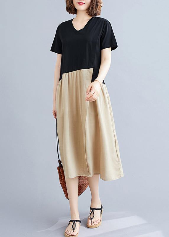 Diy Black Patchwork Khaki Cotton Clothes for O Neck a Line Dresses