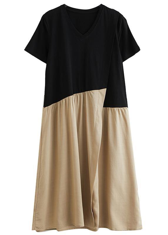 Diy Black Patchwork Khaki Cotton Clothes for O Neck a Line Dresses
