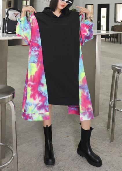 Diy Black Patchwork Print Clothes O Neck Asymmetric Shift Dresses