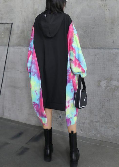 Diy Black Patchwork Print Clothes O Neck Asymmetric Shift Dresses