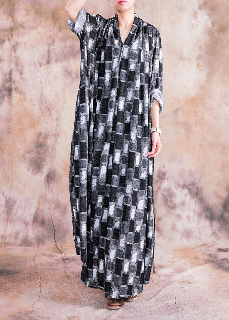 Diy Black Patchwork White Linen Wardrobes V Neck Asymmetric Long Fall Dress