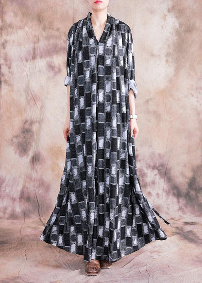 Diy Black Patchwork White Linen Wardrobes V Neck Asymmetric Long Fall Dress