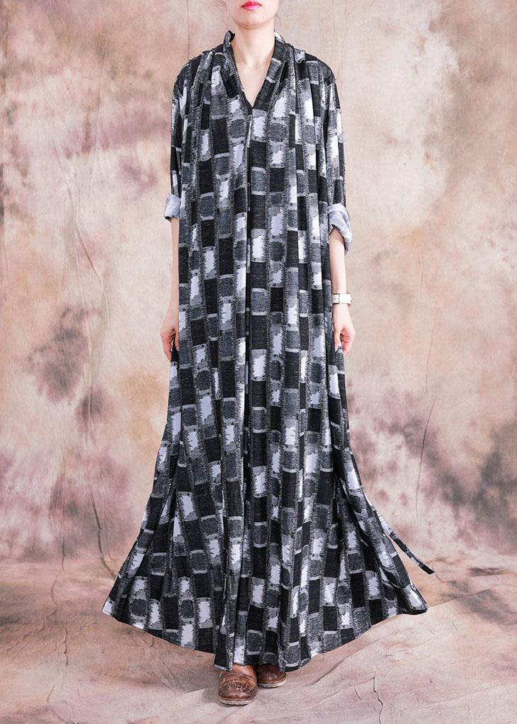 Diy Black Patchwork White Linen Wardrobes V Neck Asymmetric Long Fall Dress