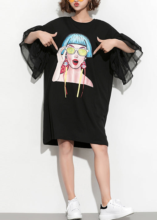 Diy Black Print Cotton Tunics Fun Inspiration O Neck Butterfly Sleeve Daily Summer Dress
