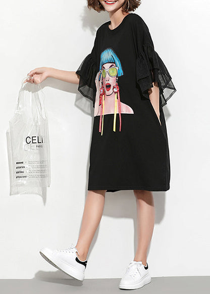 Diy Black Print Cotton Tunics Fun Inspiration O Neck Butterfly Sleeve Daily Summer Dress
